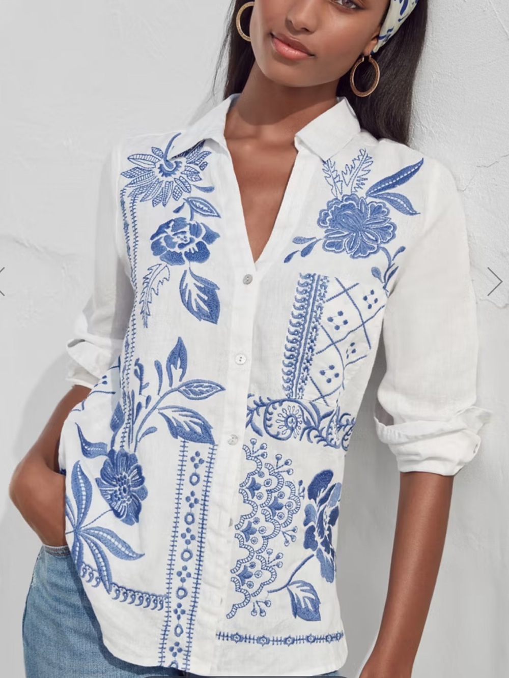 Johnny Was Linen embroidered Blouse sz small oversized white with blue